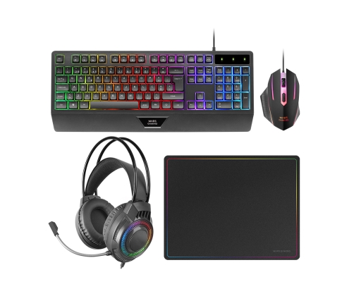 Mars Gaming MCP124PRO, Combo Gaming 4en1, Teclado RGB H-Mech con Reposamuñecas, Ratón RGB 3200DPI y Switches HUANO, Auriculares FRGB, Alfombrilla Na