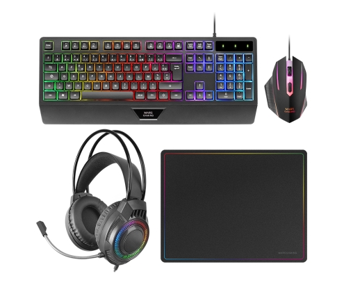Mars Gaming MCP124PRO, Combo Gaming 4en1, Teclado RGB H-Mech con Reposamuñecas, Ratón RGB 3200DPI y Switches HUANO, Auriculares FRGB, Alfombrilla Na