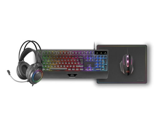 Mars Gaming MCP124PRO, Combo Gaming 4en1, Teclado RGB H-Mech con Reposamuñecas, Ratón RGB 3200DPI y Switches HUANO, Auriculares FRGB, Alfombrilla Na