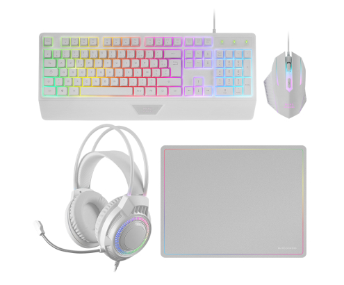 Mars Gaming MCP124PRO, Combo Gaming 4en1, Teclado RGB H-Mech con Reposamuñecas, Ratón RGB 3200DPI y Switches HUANO, Auriculares FRGB, Alfombrilla Na