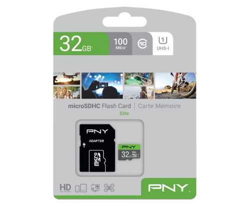 MEMORIA MICROSDHC PNY 32GB ELITE 100MB/S CON ADAPTADOR NEGRO VERDE GRIS P-SDU32GU185GW-GE