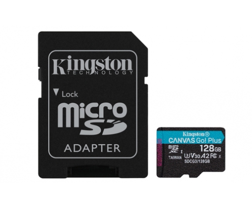 MEMORIA MICROSDXC KINGSTON 128GB CANVAS GO PLUS 170R A2 U3 V30 CARD + ADAPTADOR NEGRO SDCG3/128GB