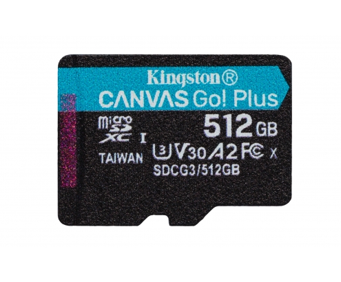 memoria microsdxc kingston technology canvas go! plus 512gb 170r a2 u3 v30 negro SDCG3/512GBSP