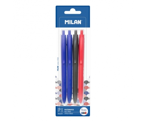 Milan BWM10254 Negro, Azul, Rojo BolÍ­grafo de punta retráctil con pulsador 4 pieza(s)