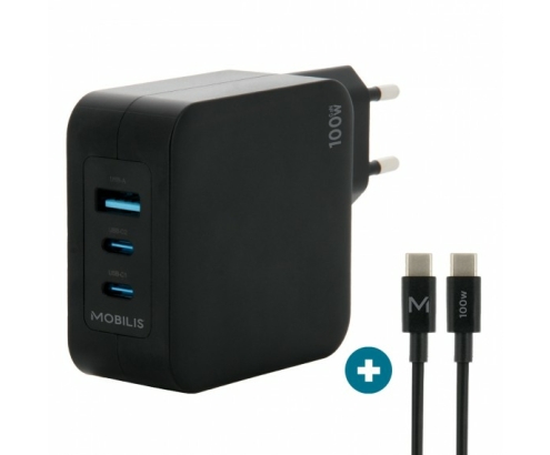 Mobilis Charger 100W 2USB C 1USBA GaN cable 100W Portátil, Smartphone, Tableta Negro Corriente alterna Interior