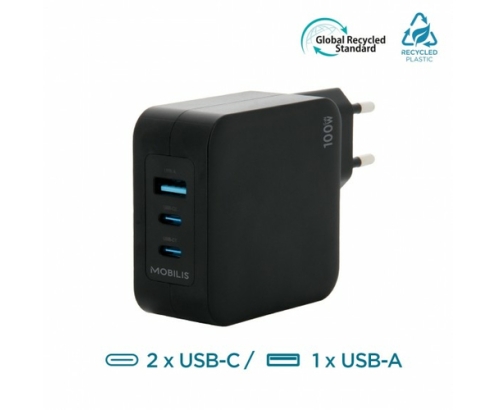 Mobilis Charger 100W 2USB C 1USBA GaN cable 100W Portátil, Smartphone, Tableta Negro Corriente alterna Interior