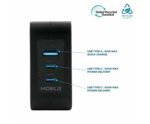 Mobilis Charger 100W 2USB C 1USBA GaN cable 100W Portátil, Smartphone, Tableta Negro Corriente alterna Interior