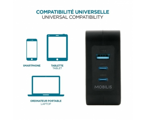 Mobilis Charger 100W 2USB C 1USBA GaN cable 100W Portátil, Smartphone, Tableta Negro Corriente alterna Interior