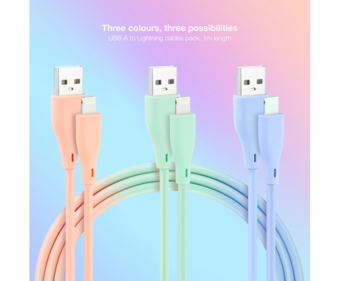 Nanocable 3 Cables Lightning a USB 2.0, Lightning/M-USB A/M, Rosa, Azul y Verde, 1 m