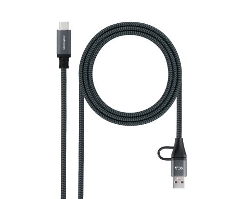Nanocable Cable USB 3.2 Gen2x2 20Gbps 5A/100W, USB-C+USB-A/M a USB-C/M, Gris/Negro, 3m