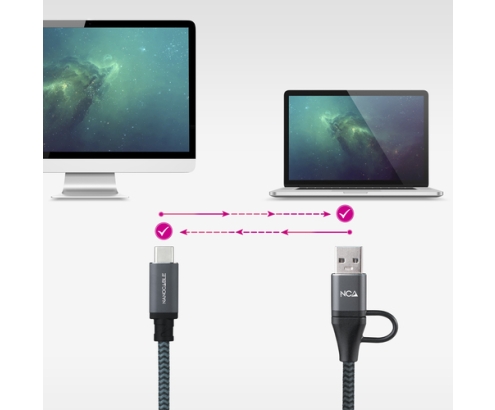 Nanocable Cable USB 3.2 Gen2x2 20Gbps 5A/100W, USB-C+USB-A/M a USB-C/M, Gris/Negro, 3m