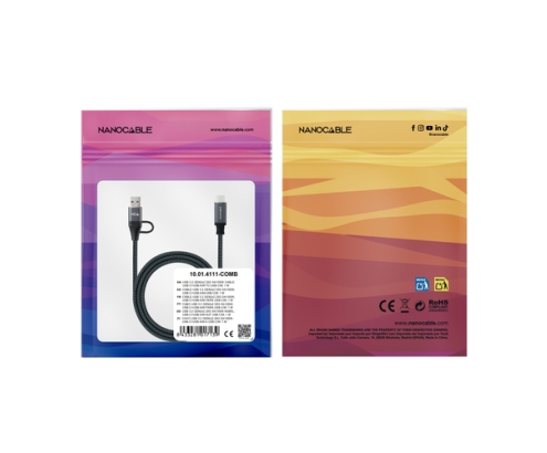 Nanocable Cable USB 3.2 Gen2x2 20Gbps 5A/100W, USB-C+USB-A/M a USB-C/M, Gris/Negro, 3m