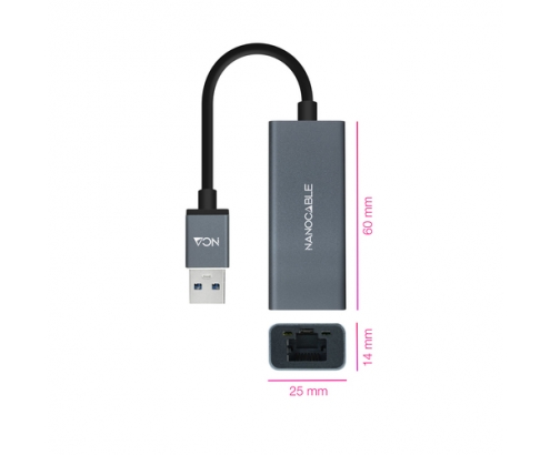 Nanocable Conversor USB 3.0 a Ethernet Gigabit 10/100/1000 Mbps, Aluminio, Gris, 15 cm