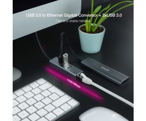 Nanocable Conversor USB 3.0 a Ethernet Gigabit + 3XUSB 3.0, Aluminio, Gris, 15 cm