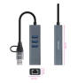 Nanocable Conversor USB-C+USB-A/M 3.0 a Ethernet + 3xUSB-A 3.0, Aluminio, Gris, 15 cm