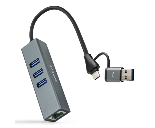 Nanocable Conversor USB-C+USB-A/M 3.0 a Ethernet + 3xUSB-A 3.0, Aluminio, Gris, 15 cm