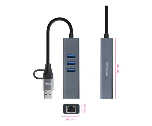 Nanocable Conversor USB-C+USB-A/M 3.0 a Ethernet + 3xUSB-A 3.0, Aluminio, Gris, 15 cm