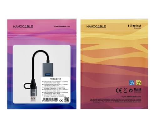 Nanocable Conversor USB-C+USB-A/M 3.0 a Ethernet + 3xUSB-A 3.0, Aluminio, Gris, 15 cm