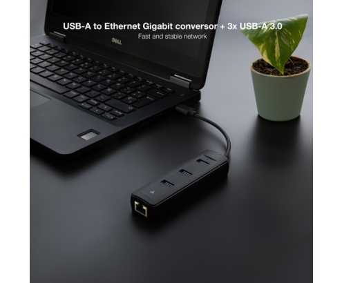 Nanocable Hub USB-A 3.0 a 3xUSB-A 3.0 + RJ45, USB-A/M- USB-A/M-RJ45/H, Negro, 15 cm