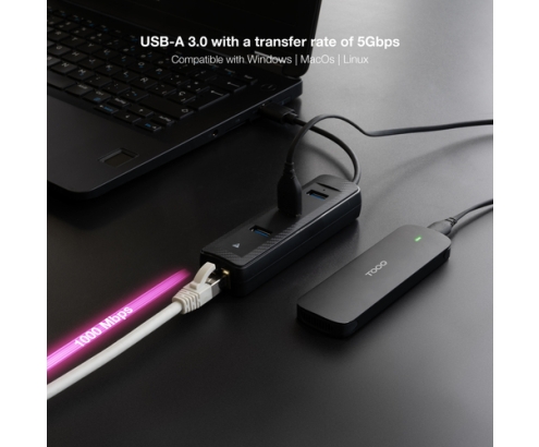 Nanocable Hub USB-A 3.0 a 3xUSB-A 3.0 + RJ45, USB-A/M- USB-A/M-RJ45/H, Negro, 15 cm