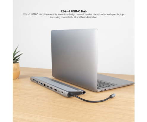 Nanocable HUB USB-C 12 en 1, Conversor USB-C 3.1 a 3xUSB-A 3.0 + USB-C 3.0 + USB-C PD 100W + 2xHDMI 4K60Hz + DP 4K60Hz + RJ45 1Gbps + SD/TF 3.0 + Audi