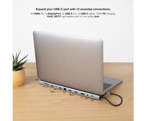 Nanocable HUB USB-C 12 en 1, Conversor USB-C 3.1 a 3xUSB-A 3.0 + USB-C 3.0 + USB-C PD 100W + 2xHDMI 4K60Hz + DP 4K60Hz + RJ45 1Gbps + SD/TF 3.0 + Audi