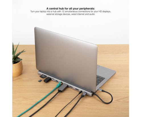 Nanocable HUB USB-C 12 en 1, Conversor USB-C 3.1 a 3xUSB-A 3.0 + USB-C 3.0 + USB-C PD 100W + 2xHDMI 4K60Hz + DP 4K60Hz + RJ45 1Gbps + SD/TF 3.0 + Audi