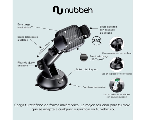 Nubbeh Atlas Soporte Móvil Coche con Carga Inalámbrica QI 15W 3 en 1 Negro