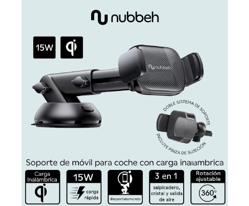 Nubbeh Atlas Soporte Móvil Coche con Carga Inalámbrica QI 15W 3 en 1 Negro