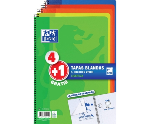 Oxford Pack 4+1 Cuadernos Folio(A4) Oxford, 400027271, Tapa Blanda, 80 Hojas cuadrícula 4x4, Surtido aleatorio vivos