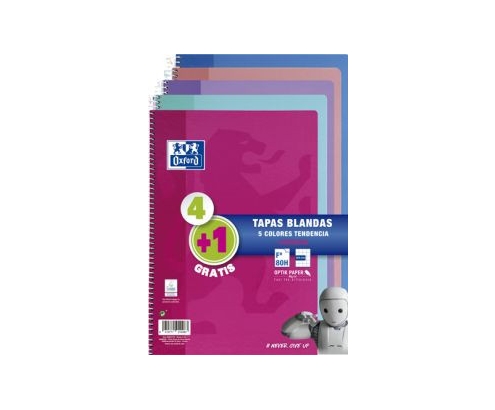 Oxford Pack 4+1 Cuadernos Folio(A4) Oxford. Tapa Blanda. 80 Hojas cuadrícula 4x4. Surtido aleatorio tendencia.