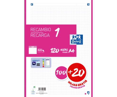 Oxford Recambio 100H + 20H Gratis 4 Taladros A4 90Gr 5X5 1 Banda Fucsia