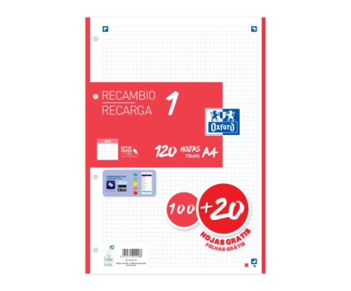 Oxford Recambio 100H + 20H Gratis 4 Taladros A4 90Gr 5X5 1 Banda Rojo
