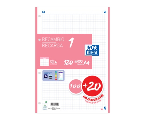 Oxford Recambio 100H + 20H Gratis 4 Taladros A4 90Gr 5X5 1 Banda Rosa Chicle