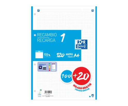 Oxford Recambio 100H + 20H Gratis 4 Taladros A4 90Gr 5X5 1 Banda Turquesa
