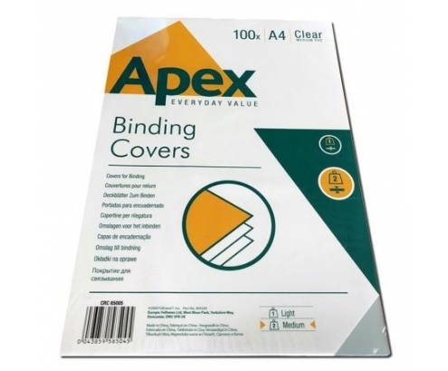 PACK DE 100 PORTADAS DE PVC TRANSPARENTE FELLOWES APEX CRC TAMA͑O A4 180 MICRAS ADECUADA PARA ENCUADERNADORAS WIRE CANUTILLO ESPIRAL 6500501