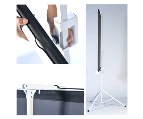 Pantalla manual tripode videoproyector phoenix 80p 1.45mx1.45m posicion ajustable carcasa blanca tela super resistente PHPANTALLATRIP-145