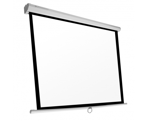 Pantalla manual videoproyector phoenix pared y techo 80p 1.4m x 1.4m posicion ajustable carcasa blanca tela super resistente PHPANTALLA-144 
