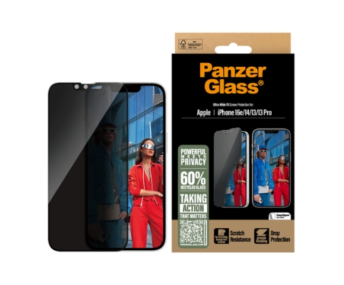 PanzerGlass ® Privacy Screen Protector iPhone 16e | 14 | 13 | 13 Pro | Ultra-Wide Fit w. Aligner Protector de pantalla Apple 1 pieza(s)