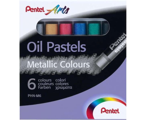 Pentel Oil Pastels Pack de 6 Pasteles Oleo Metalicos - Blandos, Cremosos y de Secado Lento - Colores Metalicos Surtidos