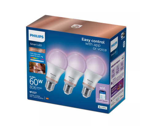 Philips Bombilla LED inteligente RGB A60, base E27, 806 lm, paq. 3