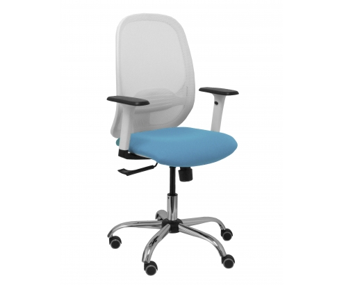 Piqueras y Crespo Silla Cilanco blanca malla blanca asiento bali azul cielo brazo regulable base cromada ruedas de parq ué