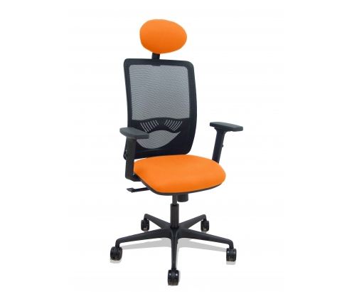 Piqueras y Crespo Silla Zulema sincro malla negra asiento bali naranja brazos 2D ruedas 65mm cabecero