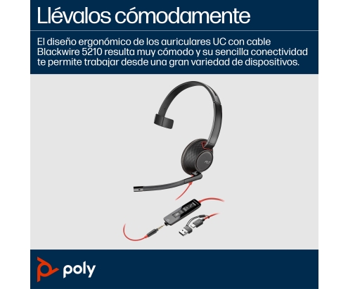 Poly Auriculares Blackwire 5210 monaural USB-C + conector de 3,5 mm + adaptador USB-C/A