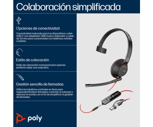 Poly Auriculares Blackwire 5210 monaural USB-C + conector de 3,5 mm + adaptador USB-C/A