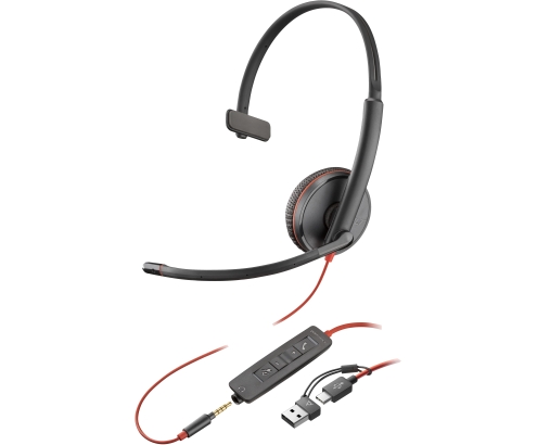 Poly Auriculares monoaurales Blackwire 3215 USB-C + Conector de 3,5 mm + Adaptador USB-C/A