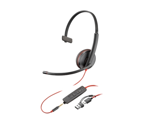 Poly Auriculares monoaurales Blackwire 3215 USB-C + Conector de 3,5 mm + Adaptador USB-C/A