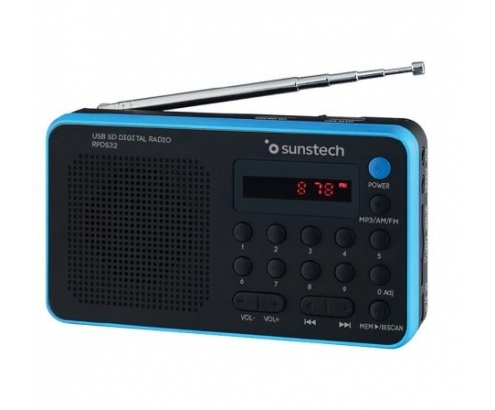 RADIO PORTÍTIL SUNSTECH AM FM 70 PRESINTONIAS ALTAVOZ 1.4W RMS SD USB AUX-IN AZUL RPDS32BL