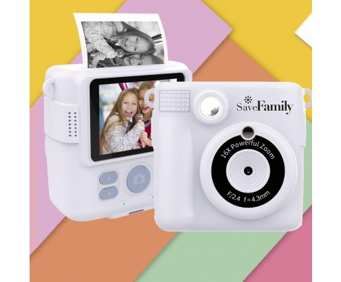 SaveFamily Print Camara de fotos infantil instantánea-Digital Videos Musica Zoom Flash Incluye 2 Rollos de Papel + 400 Fotos BLANCA