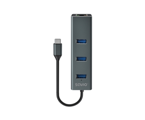 Savio AK-57 USB-C - 3 x USB-A HUB with RJ-45 Gigabit Ethernet adapter 5000 Mbit/s grey 2 x USB 3.2 Gen 2 (3.1 Gen 2) Type-C 1000 Mbit/s